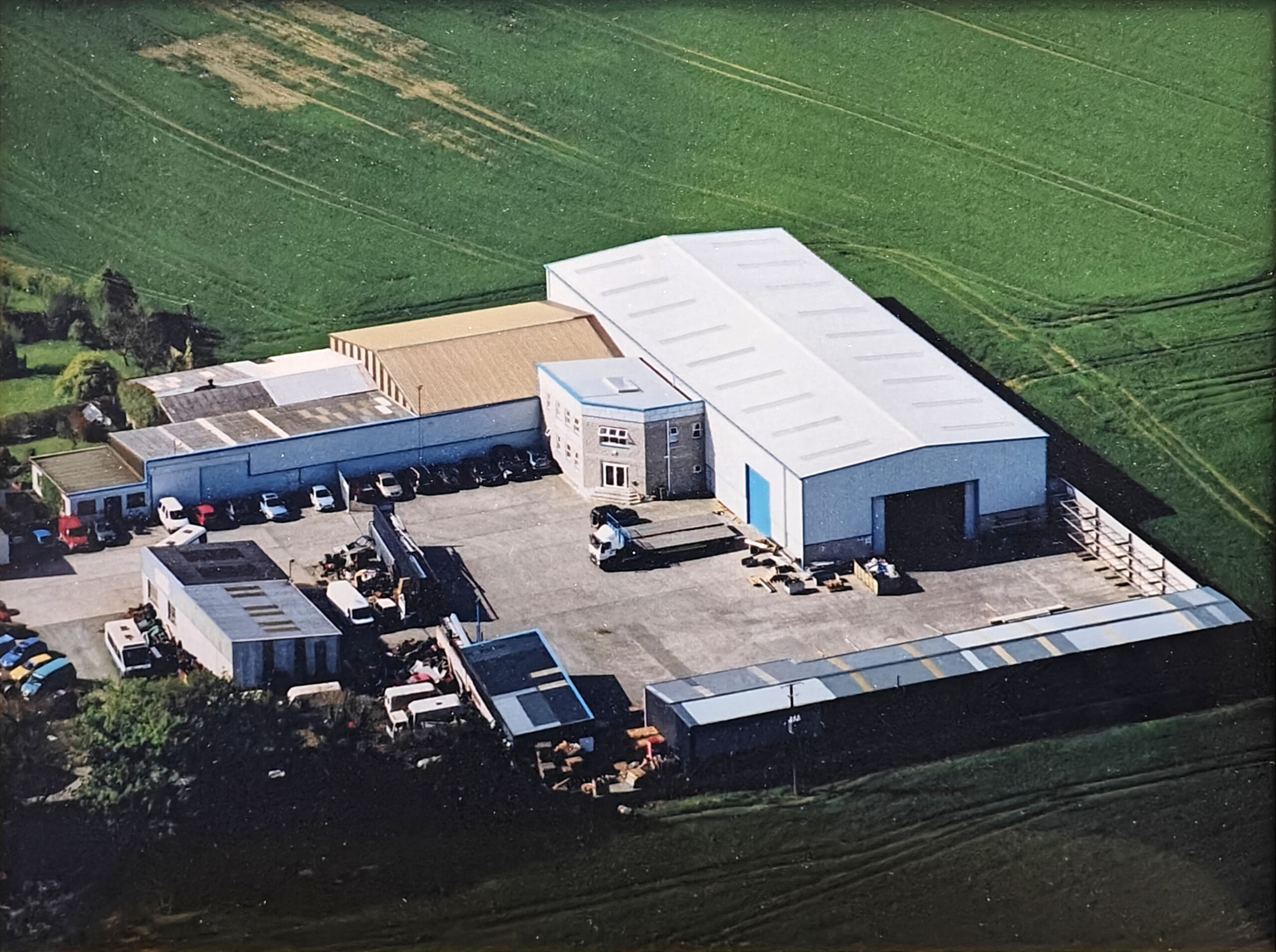 An aerial view of a steel manufacturers' industrial building.