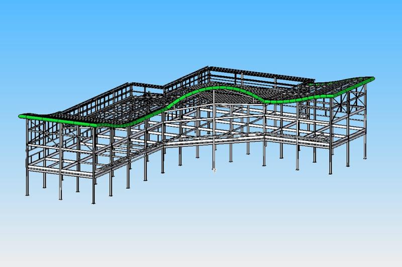 A 3d model of a steel structure with a green roof. The steel structure is constructed using metal sheets and customized by utilizing laser cutting services for precise metal solutions.